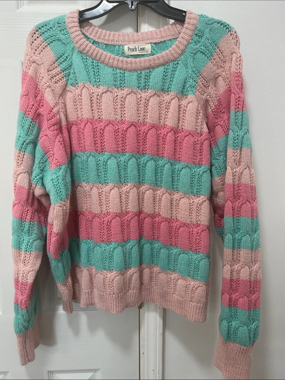 Peach Love California Pink, Light Pink & Mint Striped Crew Sweater
